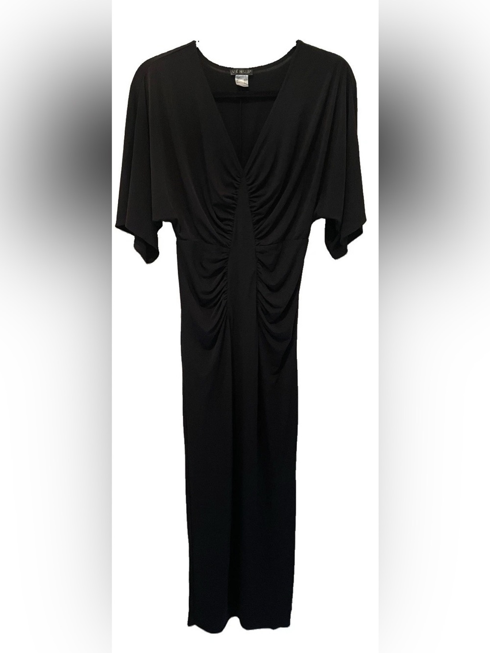 VENUS Black Ruched Maxi Dress with V Detail